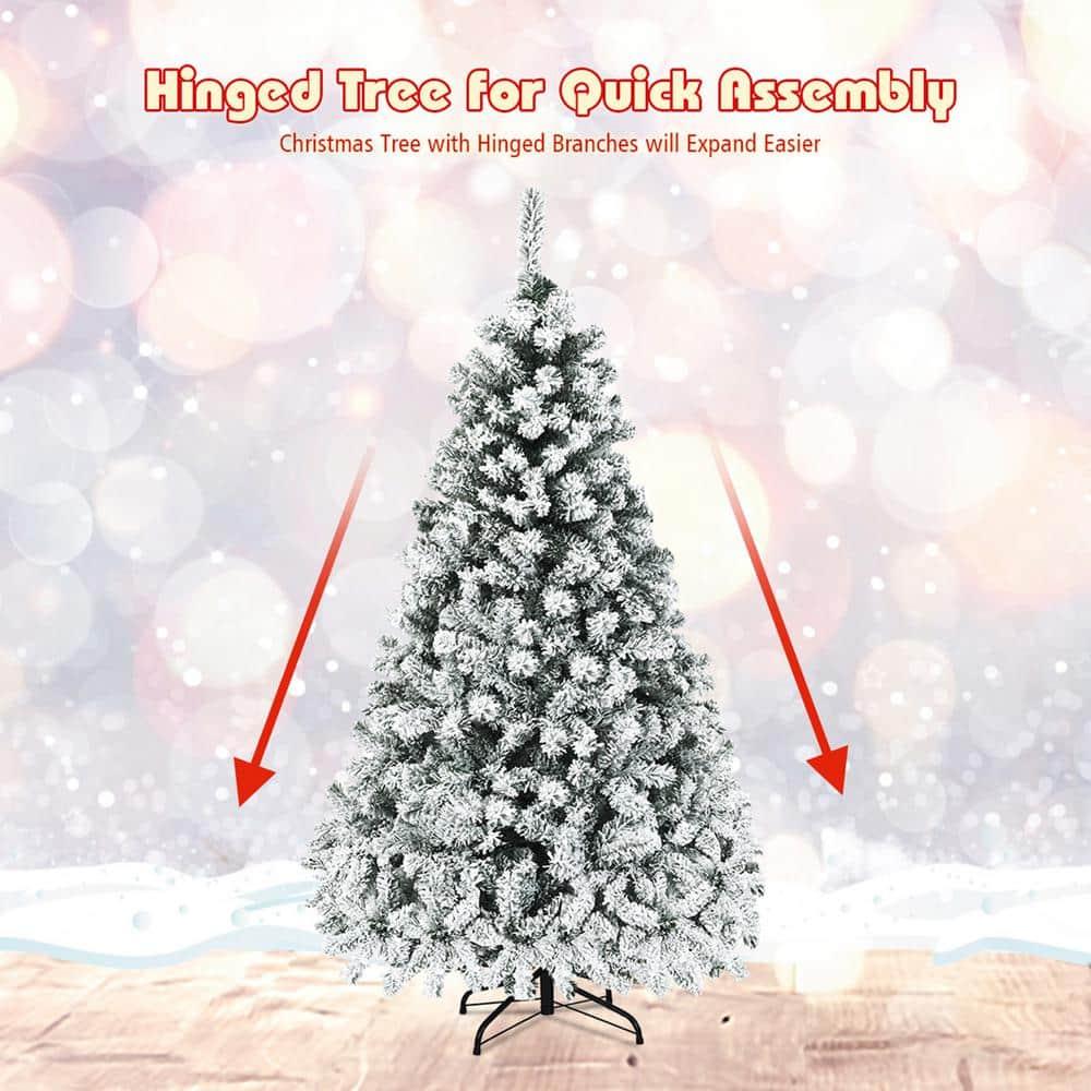 6 ft. Pre-Lit Artificial Christmas Tree Snow Flocked Hinged Pine Tree with Metal Stand