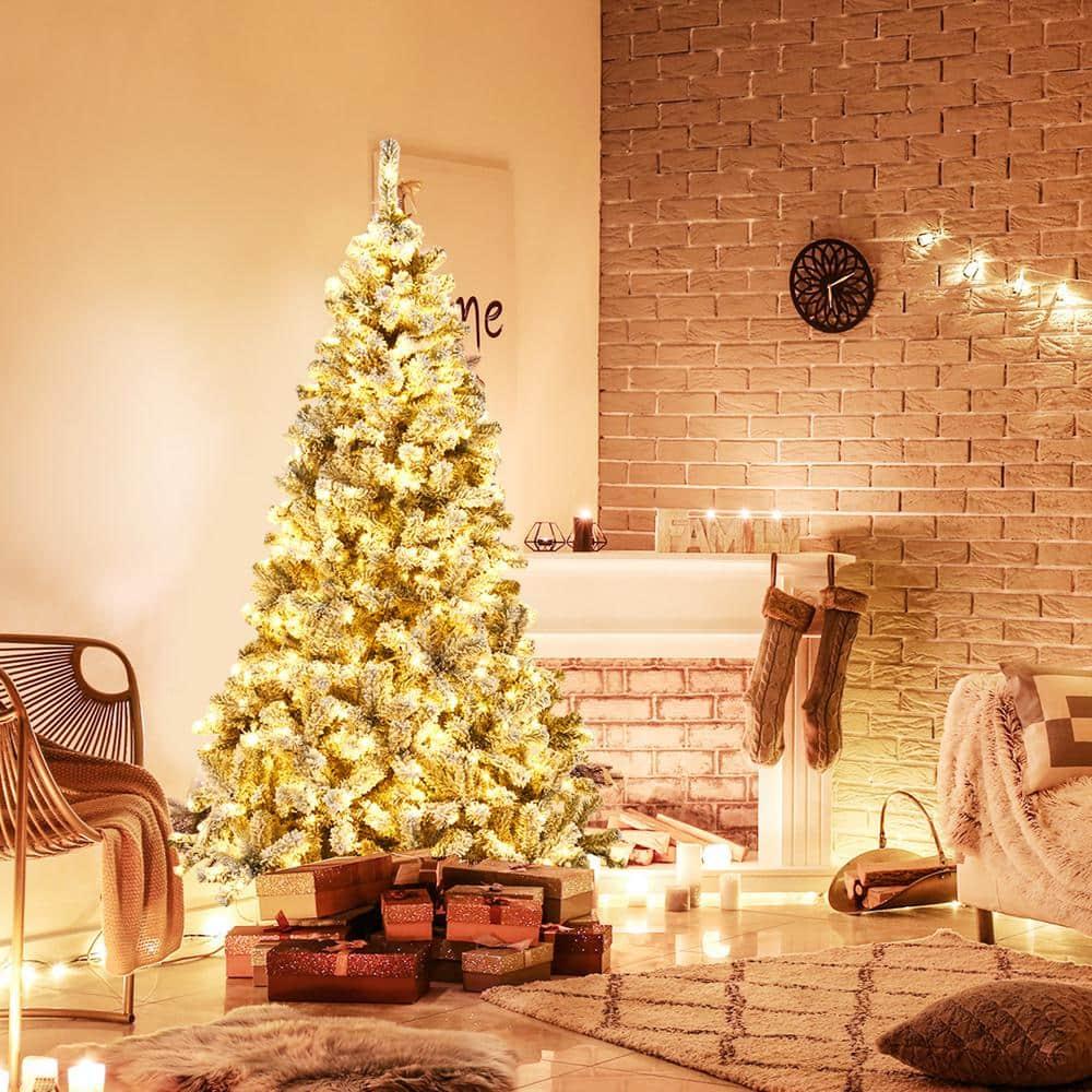 6 ft. Pre-Lit Artificial Christmas Tree Snow Flocked Hinged Pine Tree with Metal Stand