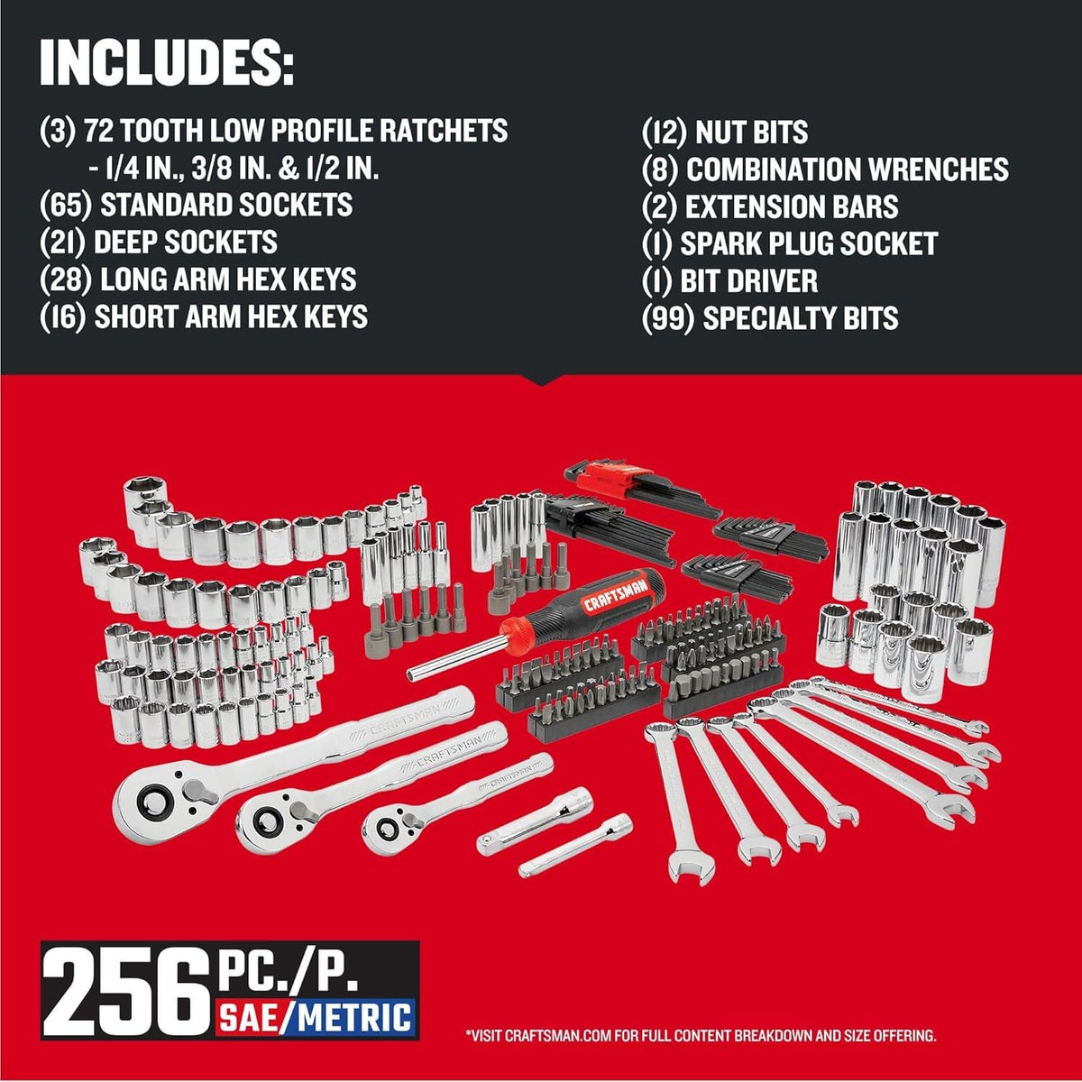 Mechanics Tool Set, 256-Piece Hand Tool and Socket Set with 72-tooth Low Profile Ratchet and 2-Drawer Tool Box (CMMT45256)