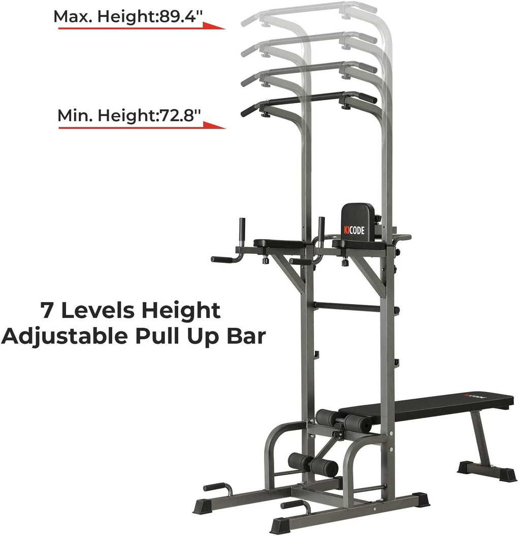 Kicode Power Tower with Bench, Pull Up Bar Dip Station, Height Adjustable Pull Up Tower, Multifunctional Training for Indoor Home Gym