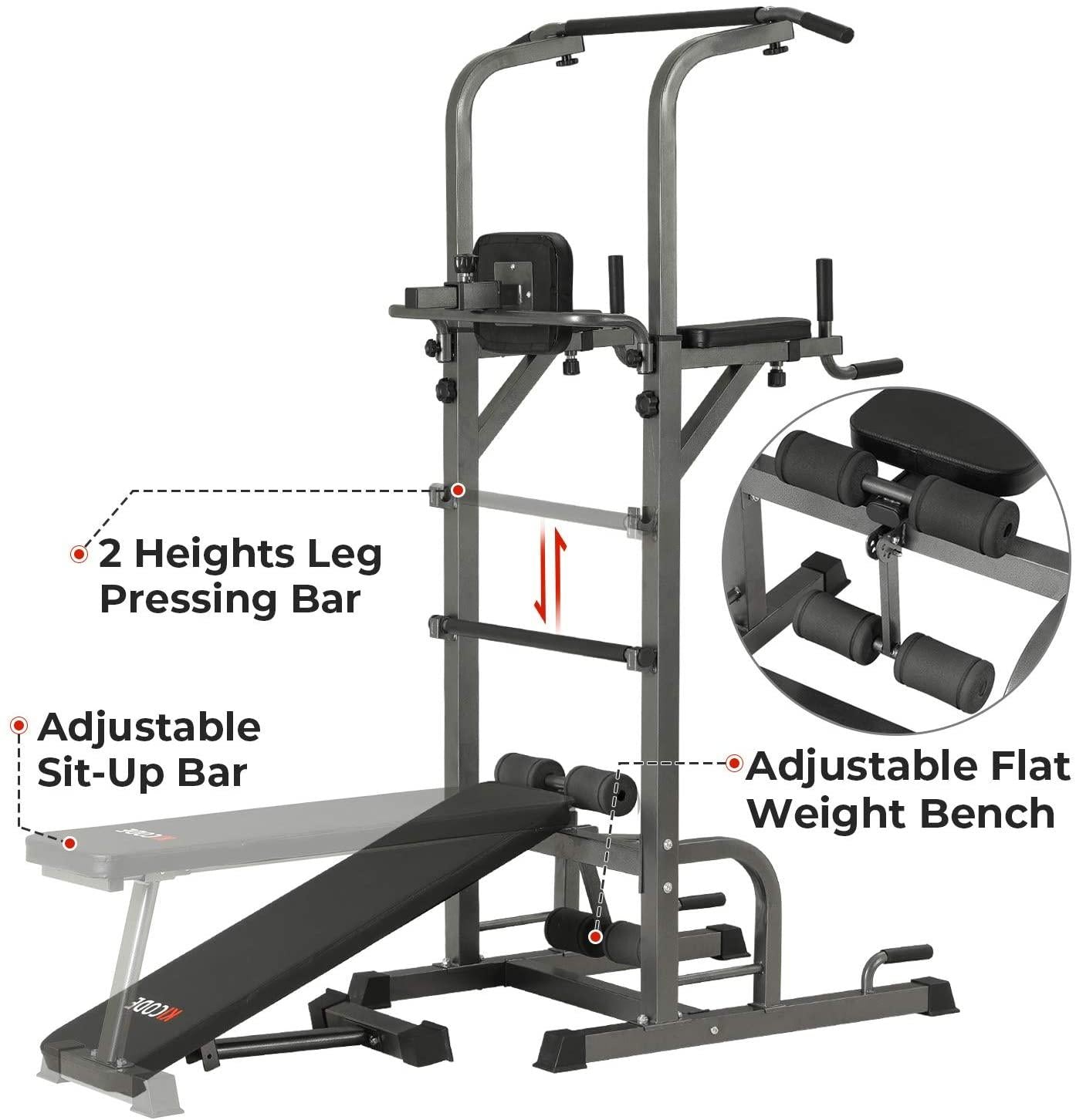 Kicode Power Tower with Bench, Pull Up Bar Dip Station, Height Adjustable Pull Up Tower, Multifunctional Training for Indoor Home Gym