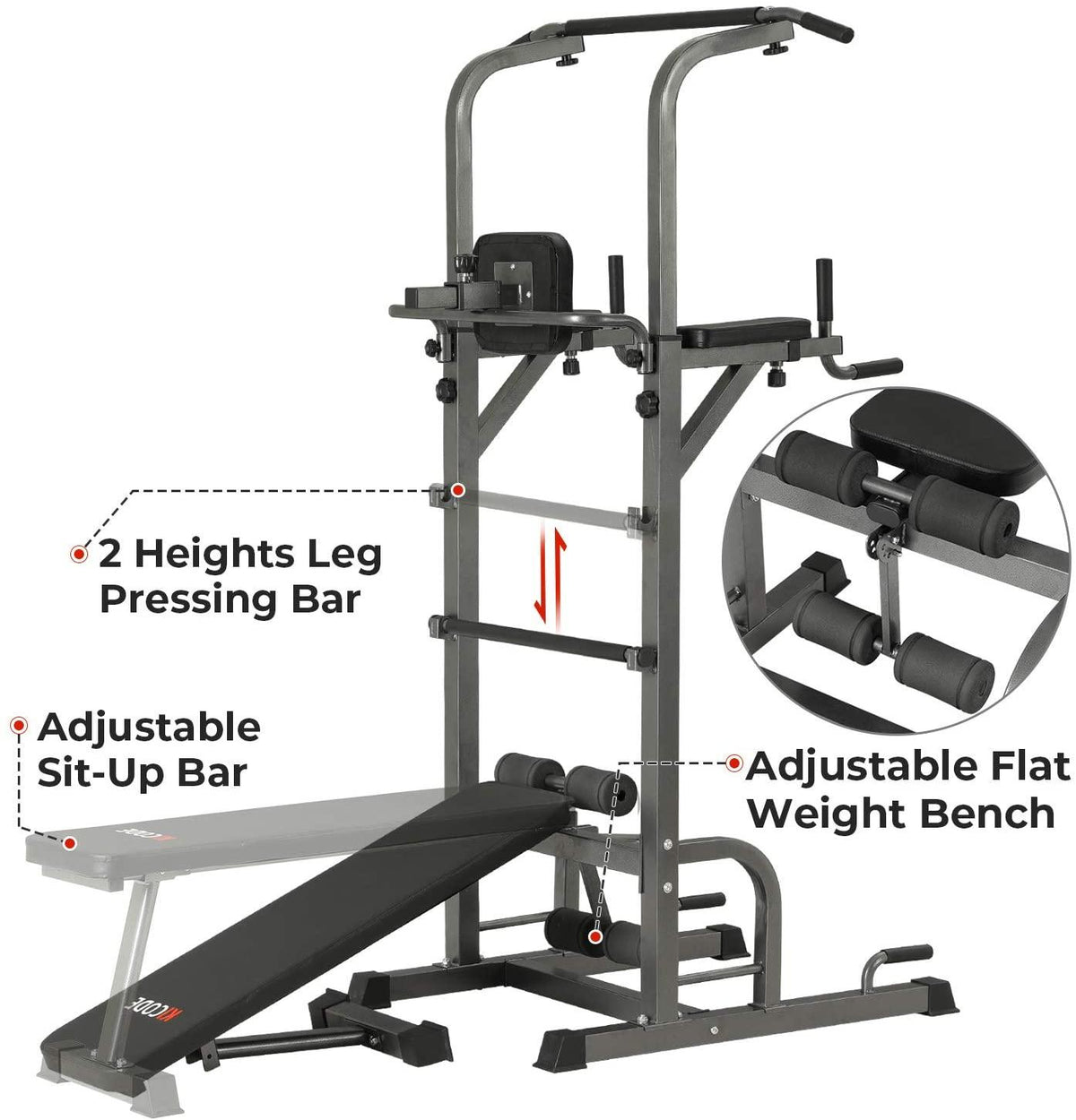 Upper Body, Core, &amp; Back Home Workout Steel Power Tower with Bench Pull Up Bar Dip Station, 7 Height Adjustable Pull Up Tower for Home Gym Strength Training Exercise Workout Equipment,400LBS