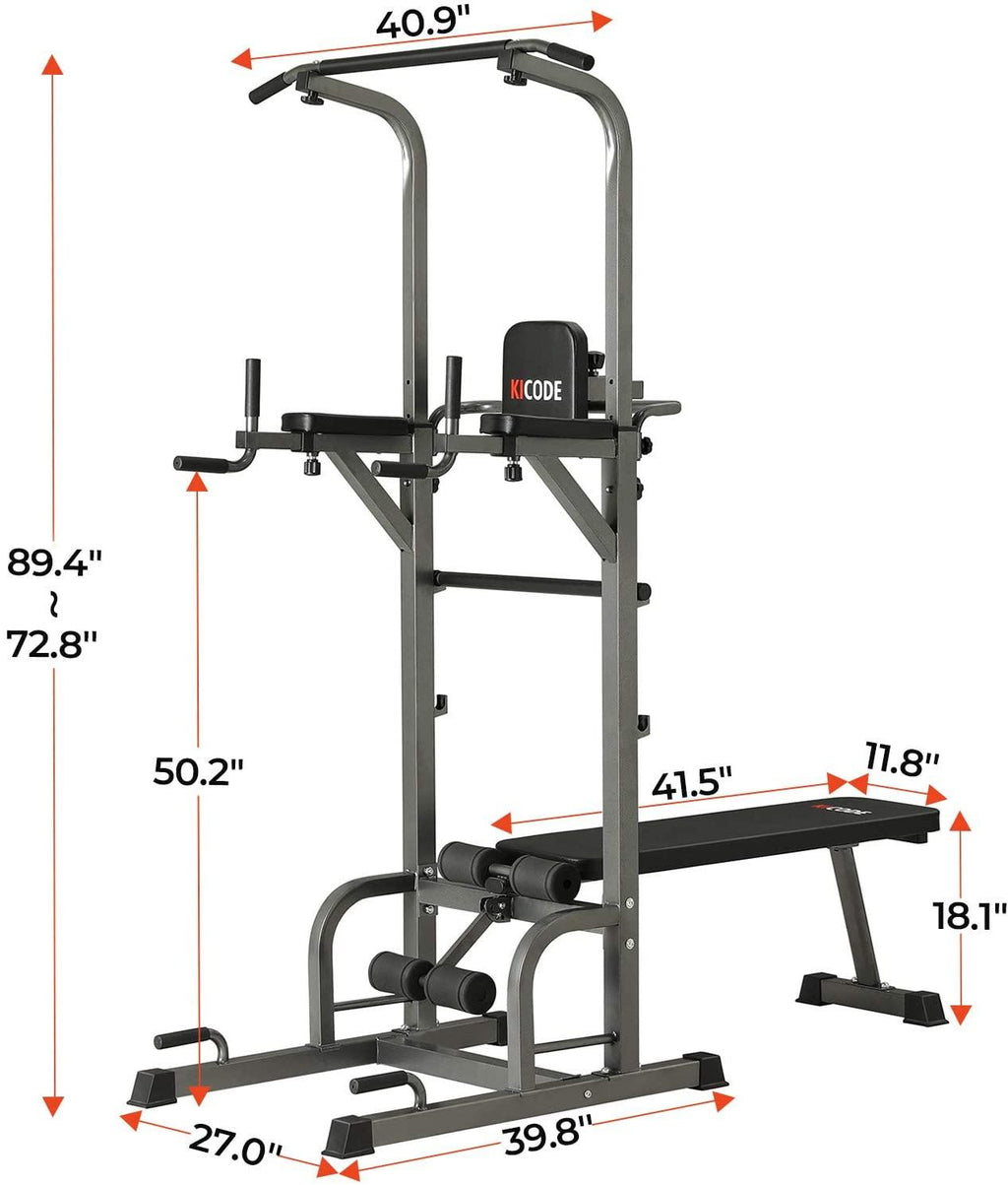 Kicode Power Tower with Bench, Pull Up Bar Dip Station, Height Adjustable Pull Up Tower, Multifunctional Training for Indoor Home Gym