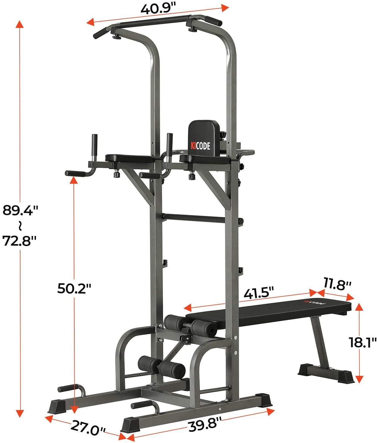Kicode Power Tower with Bench, Pull Up Bar Dip Station, Height Adjustable Pull Up Tower, Multifunctional Training for Indoor Home Gym
