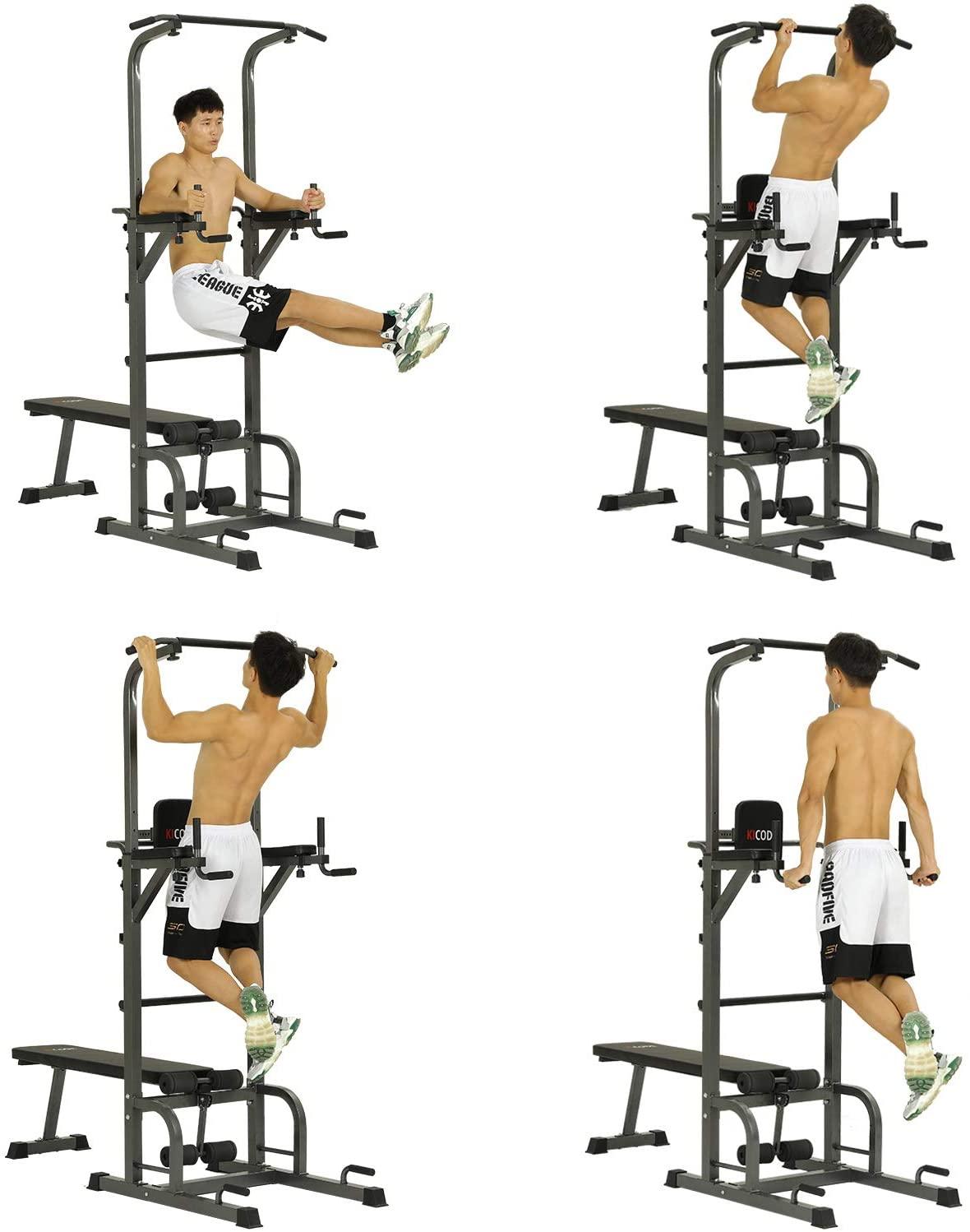 Kicode Power Tower with Bench, Pull Up Bar Dip Station, Height Adjustable Pull Up Tower, Multifunctional Training for Indoor Home Gym