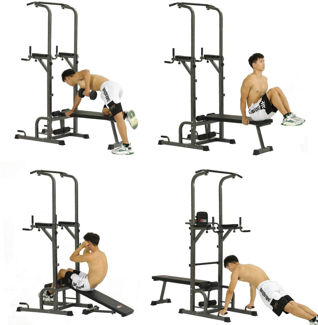 Kicode Power Tower with Bench, Pull Up Bar Dip Station, Height Adjustable Pull Up Tower, Multifunctional Training for Indoor Home Gym