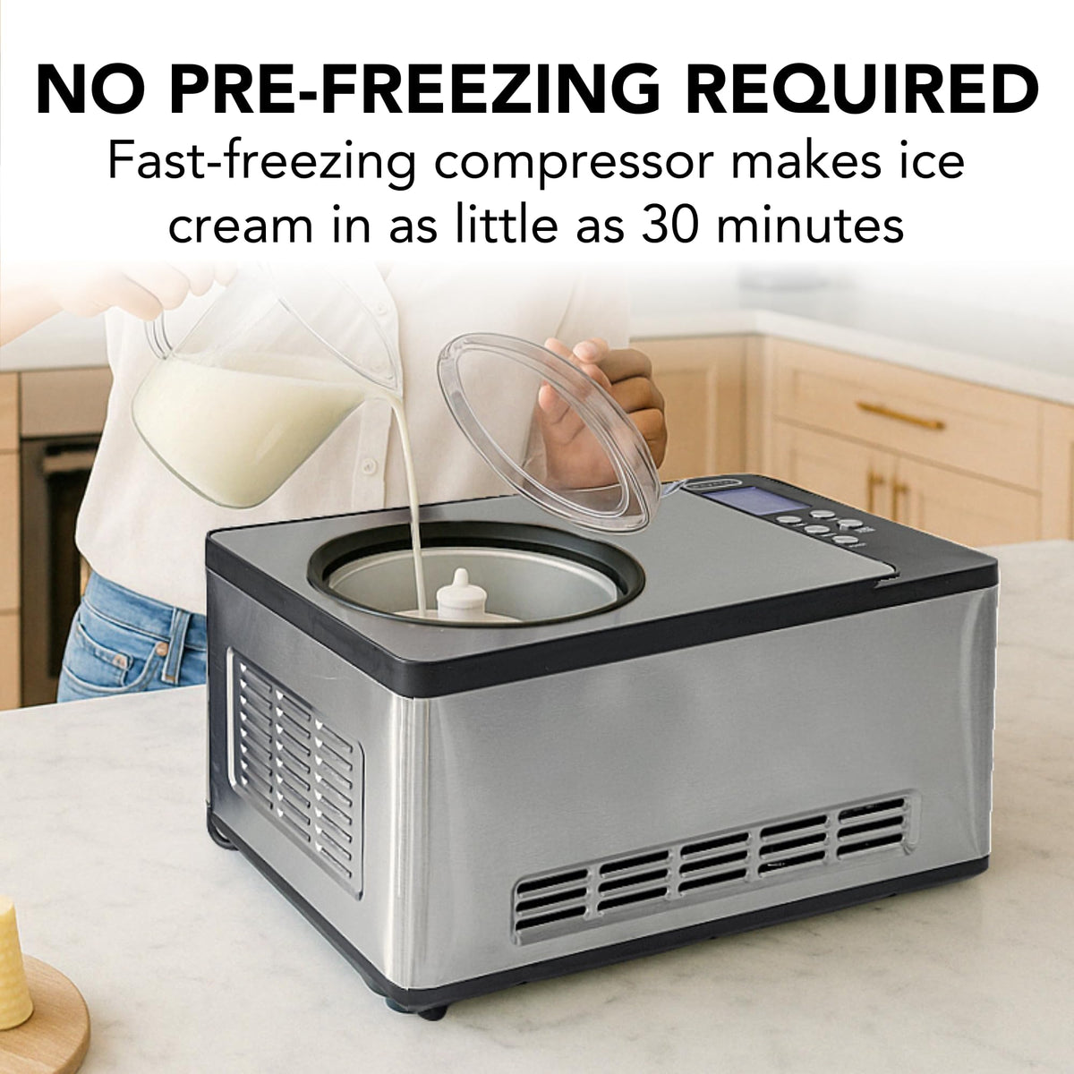 Ice Cream Maker Machine Automatic 2.1 Qt. with -In Compressor, LCD Digital Display & Timer, No Pre-Freezing, ICM-200LS,  Steel