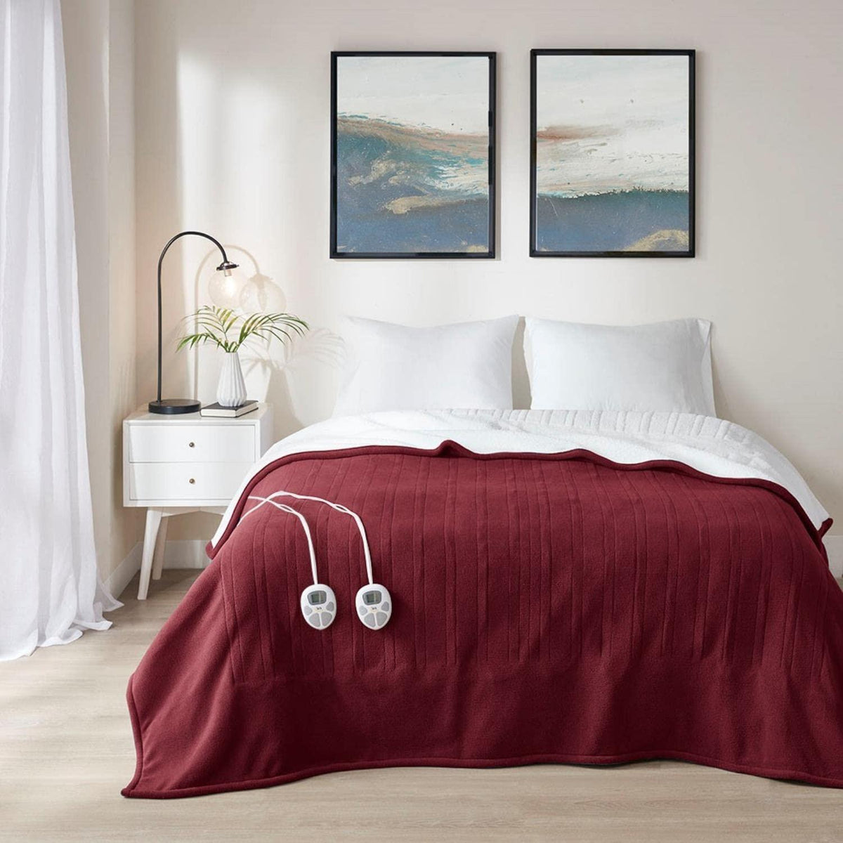 Gracie Mills Polyester Fleece to Sherpa Heated Blanket with Burgundy Finish ST54-0142