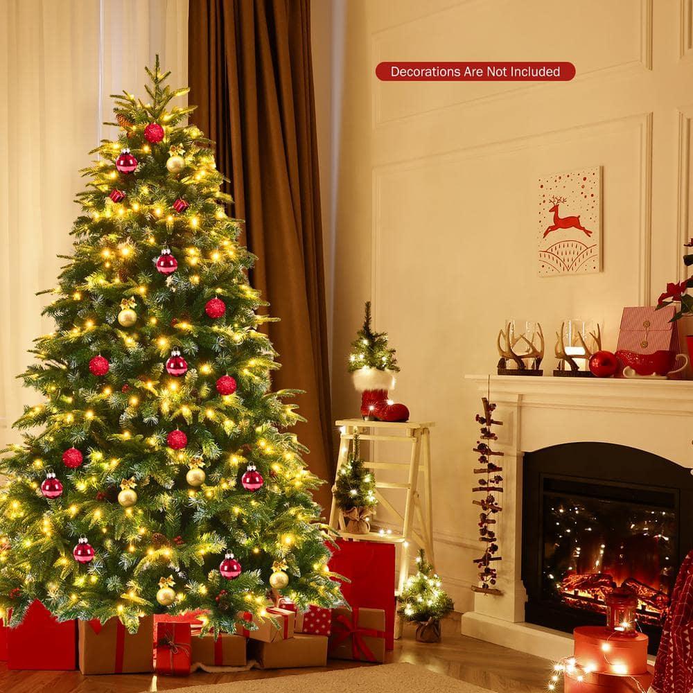 7 ft. Pre-Lit Snowy Artificial Christmas Tree Hinged Tree 11 Flash Modes with 450 Multi-Color Lights