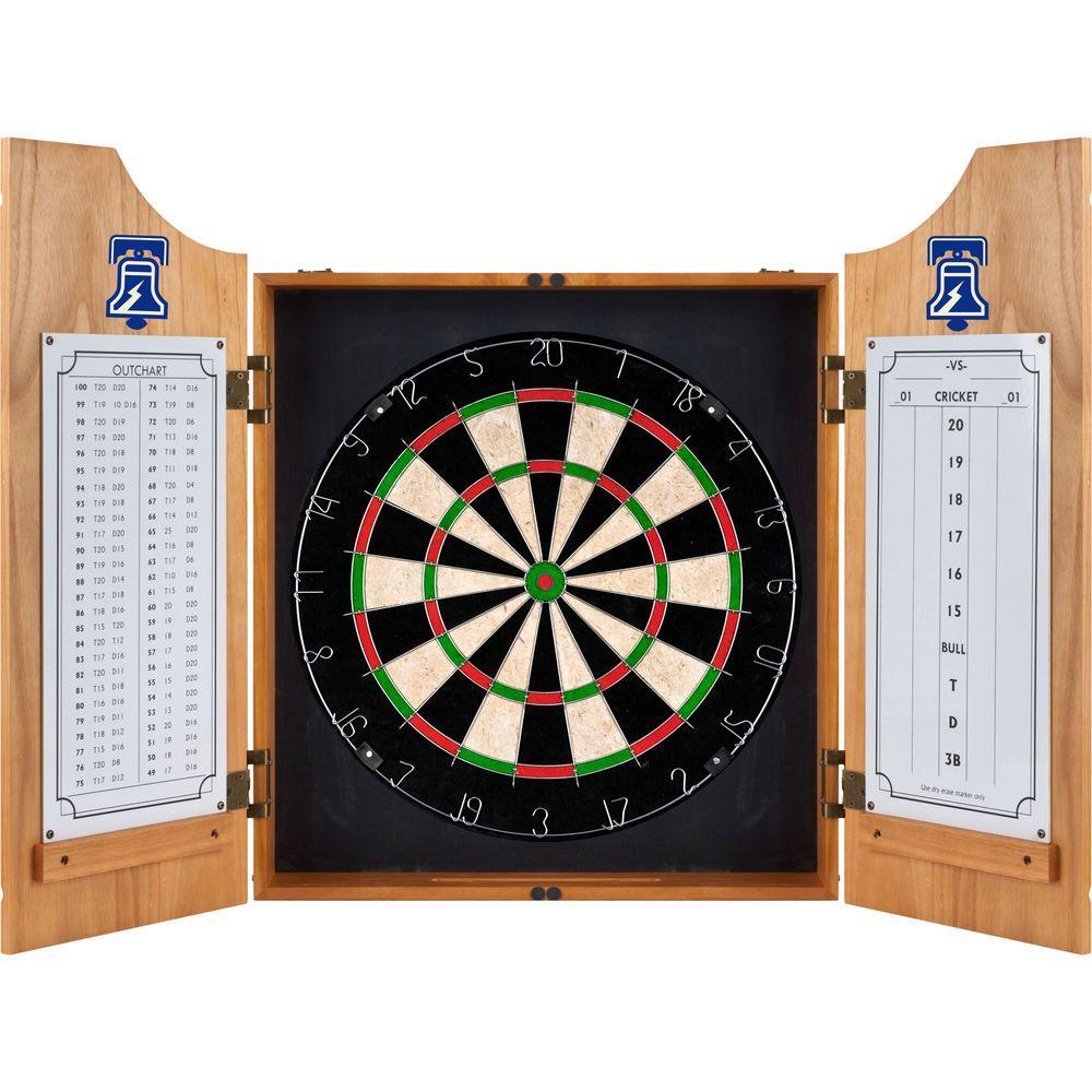 VAF 21 in. Philadelphia Bell Wood Dart Board Cabinet Set