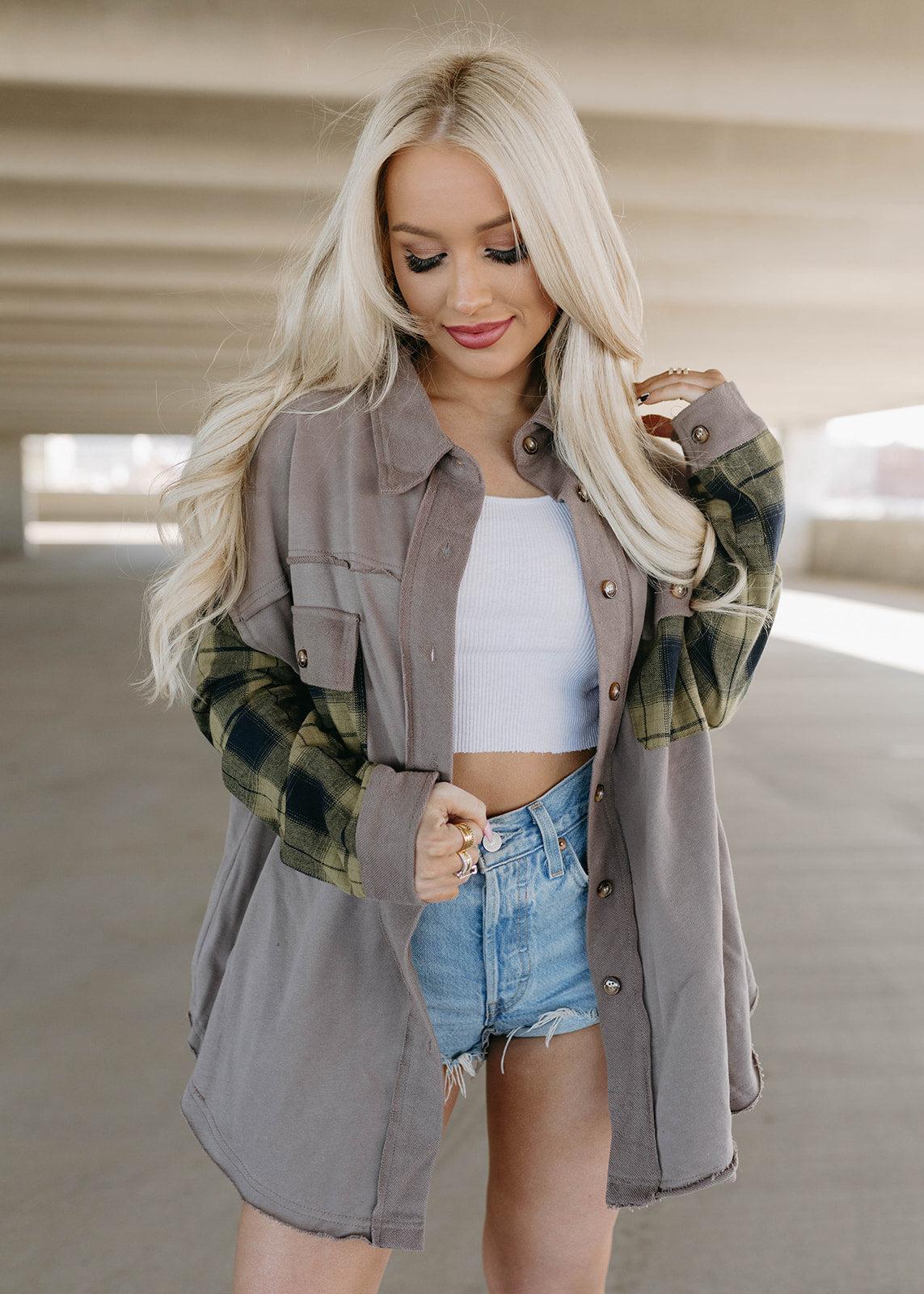 plaid french terry shacket