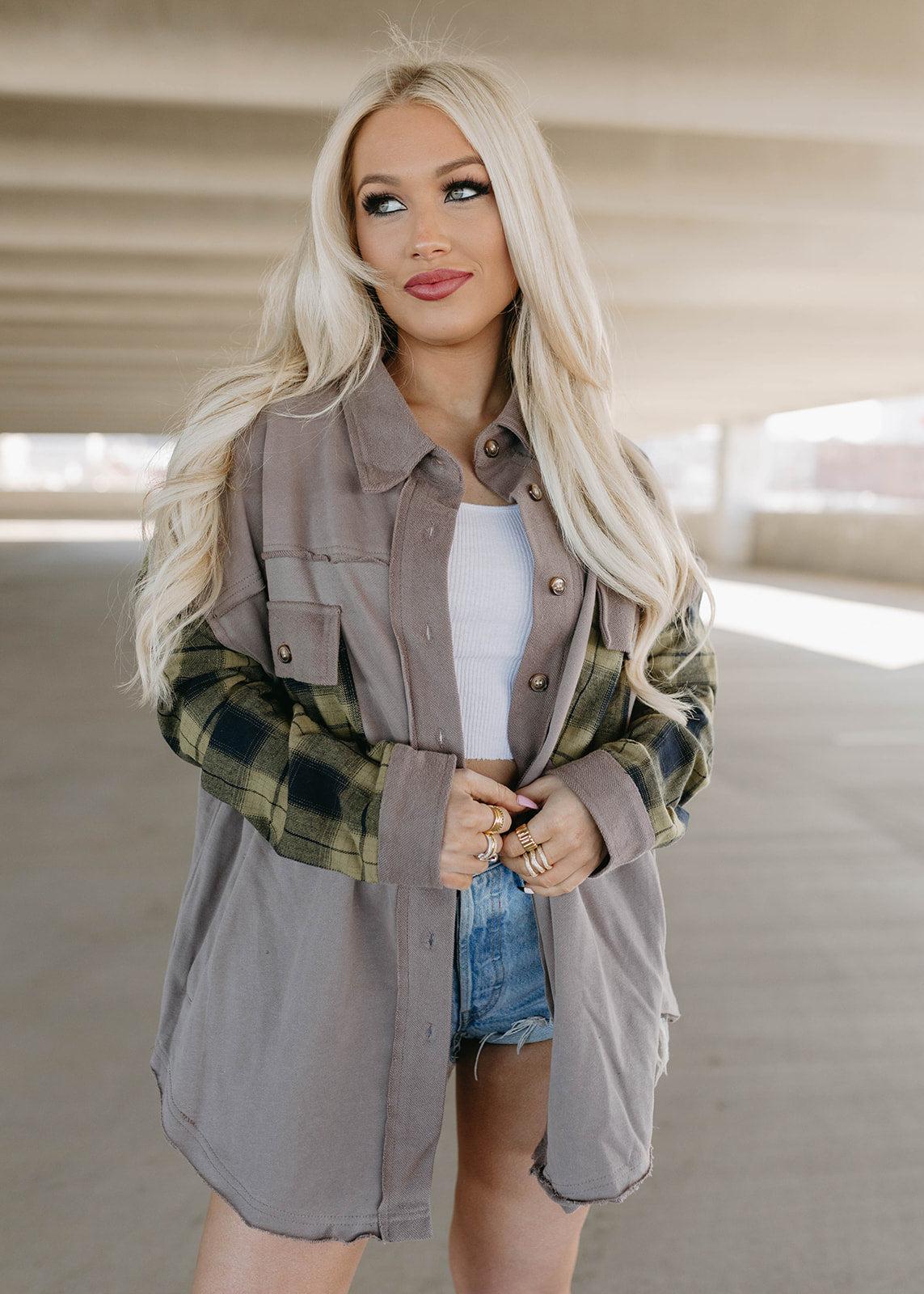 plaid french terry shacket