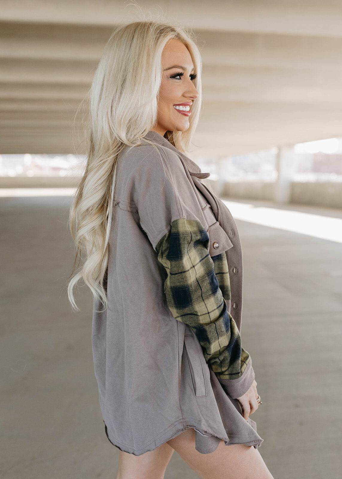 plaid french terry shacket