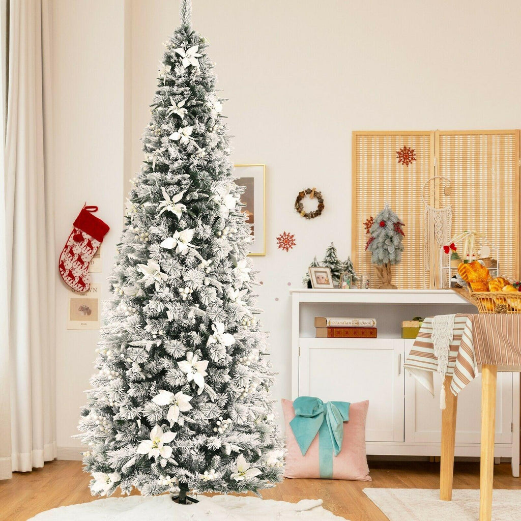Artificial Christmas Tree Snow Flocked Big 8 ft Green Xmas Decor Realistic Stand