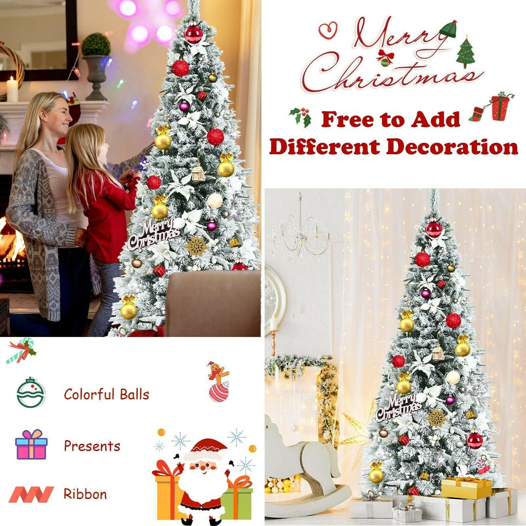 Artificial Christmas Tree Snow Flocked Big 8 ft Green Xmas Decor Realistic Stand