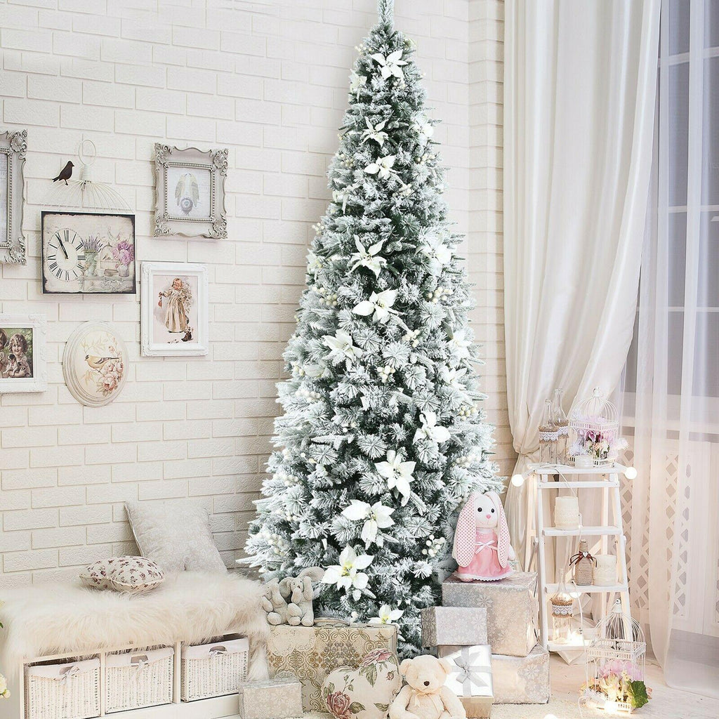 Artificial Christmas Tree Snow Flocked Big 8 ft Green Xmas Decor Realistic Stand