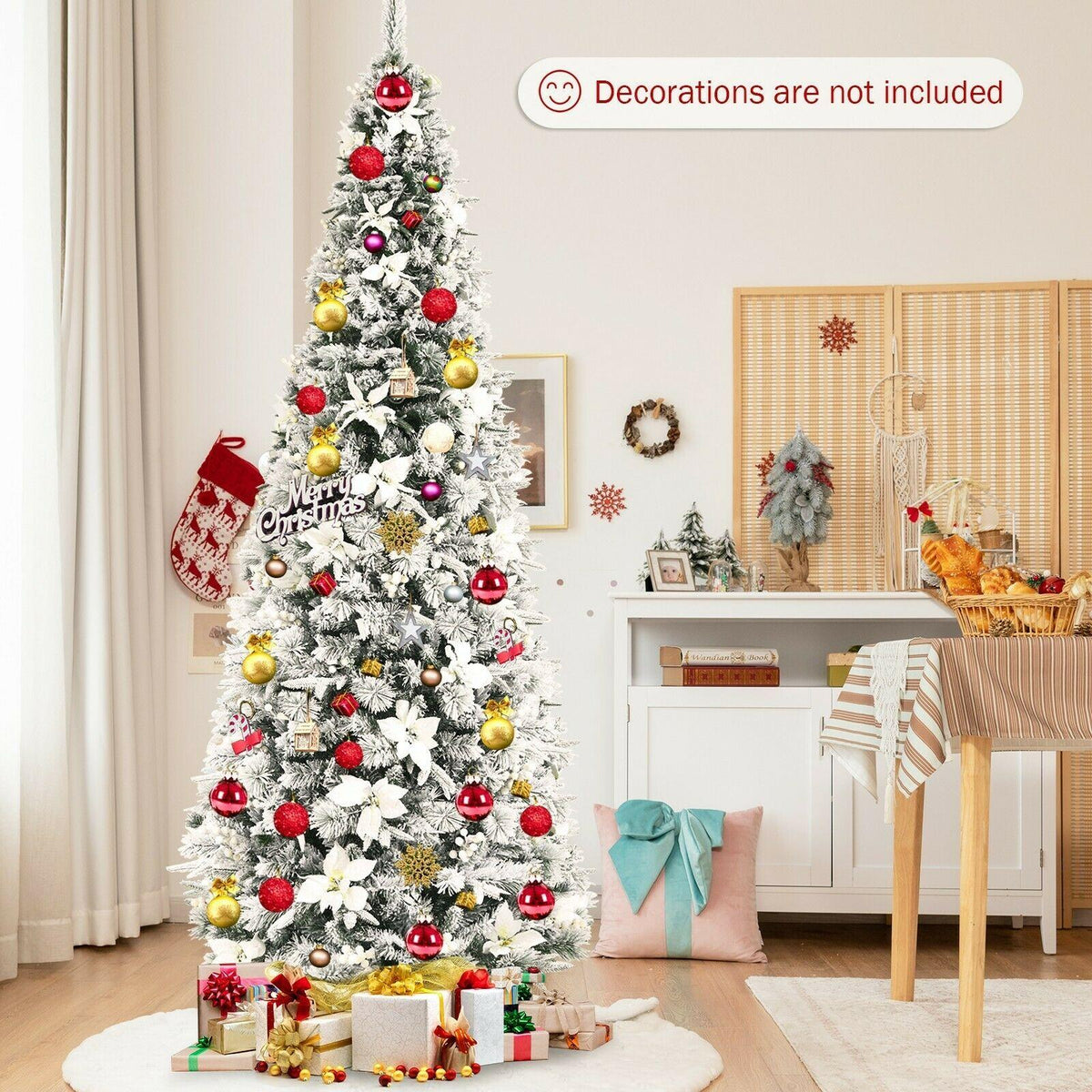 Artificial Christmas Tree Snow Flocked Big 8 ft Green Xmas Decor Realistic Stand