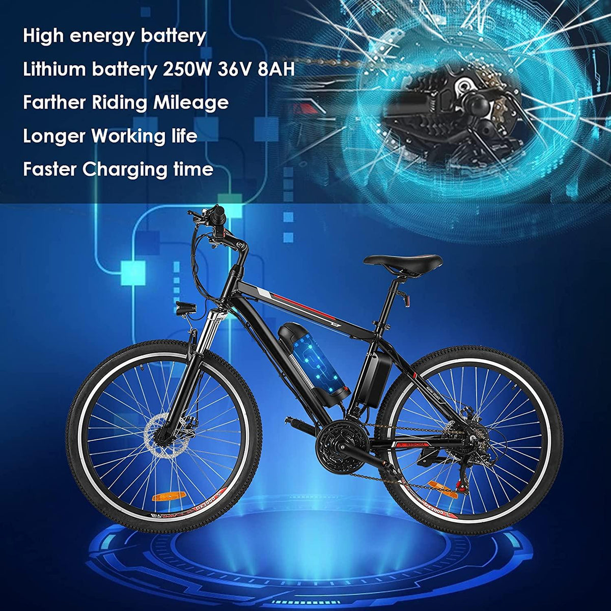 Kemanner 26 inch Electric Mountain Bike 21 Speed 36V 8A Lithium Battery Electric Bicycle for Adult (Black/Red)