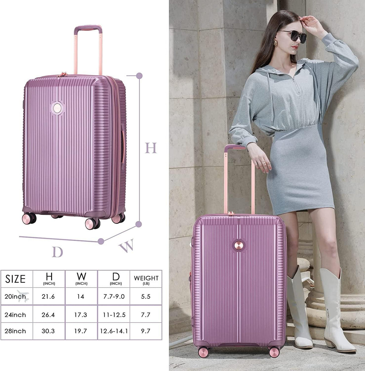 3 piece Luggage Sets,Expandable Hardside Suitcase with Spinner Wheels Luggage for Travel,TSA Approved (20/24/28-Inch,Purple)