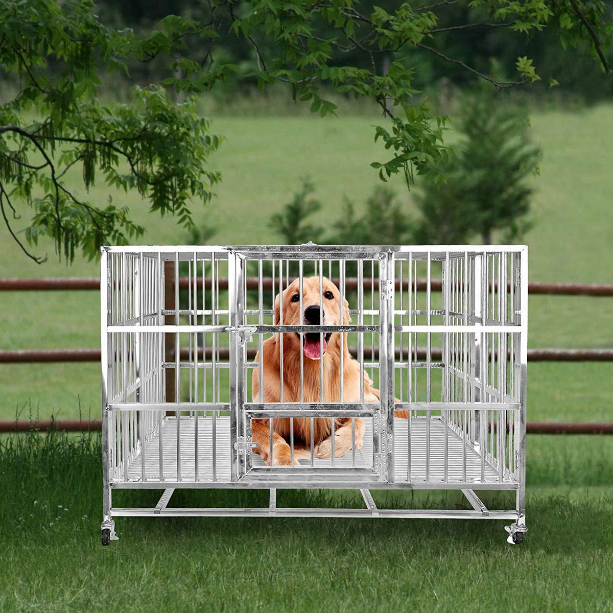 confote Heavy Duty  Steel Dog CaKennel Crate and Playpen for Training LarDog Indoor Outdoor with Double Doors &amp; Locks  Included Lockable Wheels Removable Tray No Screw
