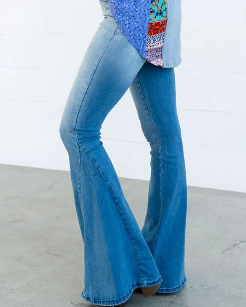 colorblock high waist pocket design bootcut jeans