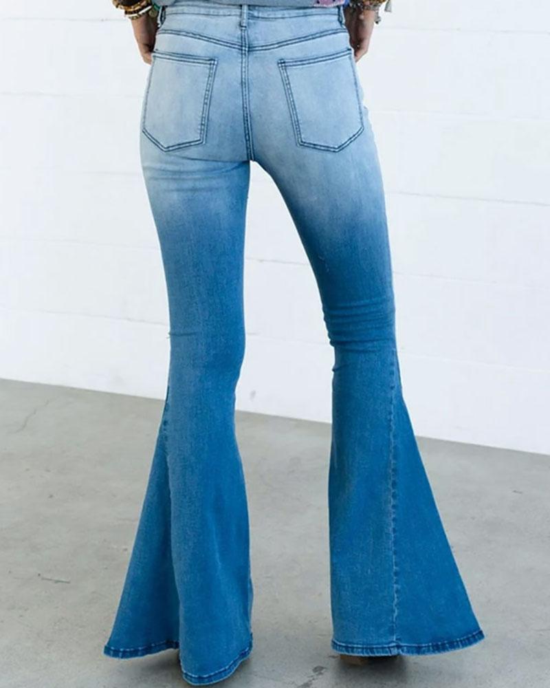 colorblock high waist pocket design bootcut jeans