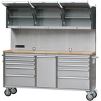72 inch Rolling Tool Chest with 11 Drawers + 3 Upper Cabinets,  Steel Lockable Tool Cabinet with 6 Blue StoraBins & Power Strip, Assembled Tool Box for Gara(1 × HTC7214W1)