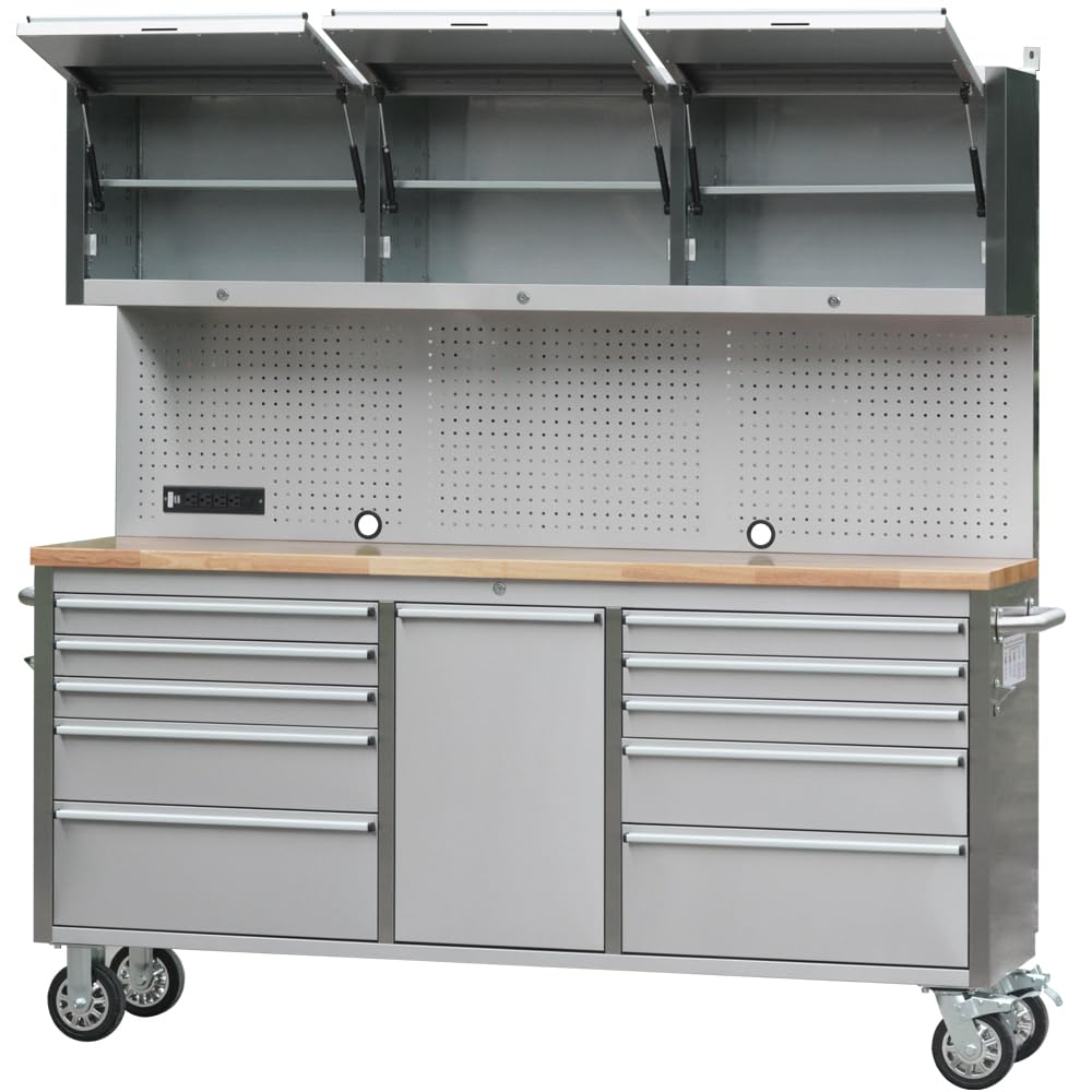 72 inch Rolling Tool Chest with 11 Drawers + 3 Upper Cabinets,  Steel Lockable Tool Cabinet with 6 Blue StoraBins & Power Strip, Assembled Tool Box for Gara(1 × HTC7214W1)