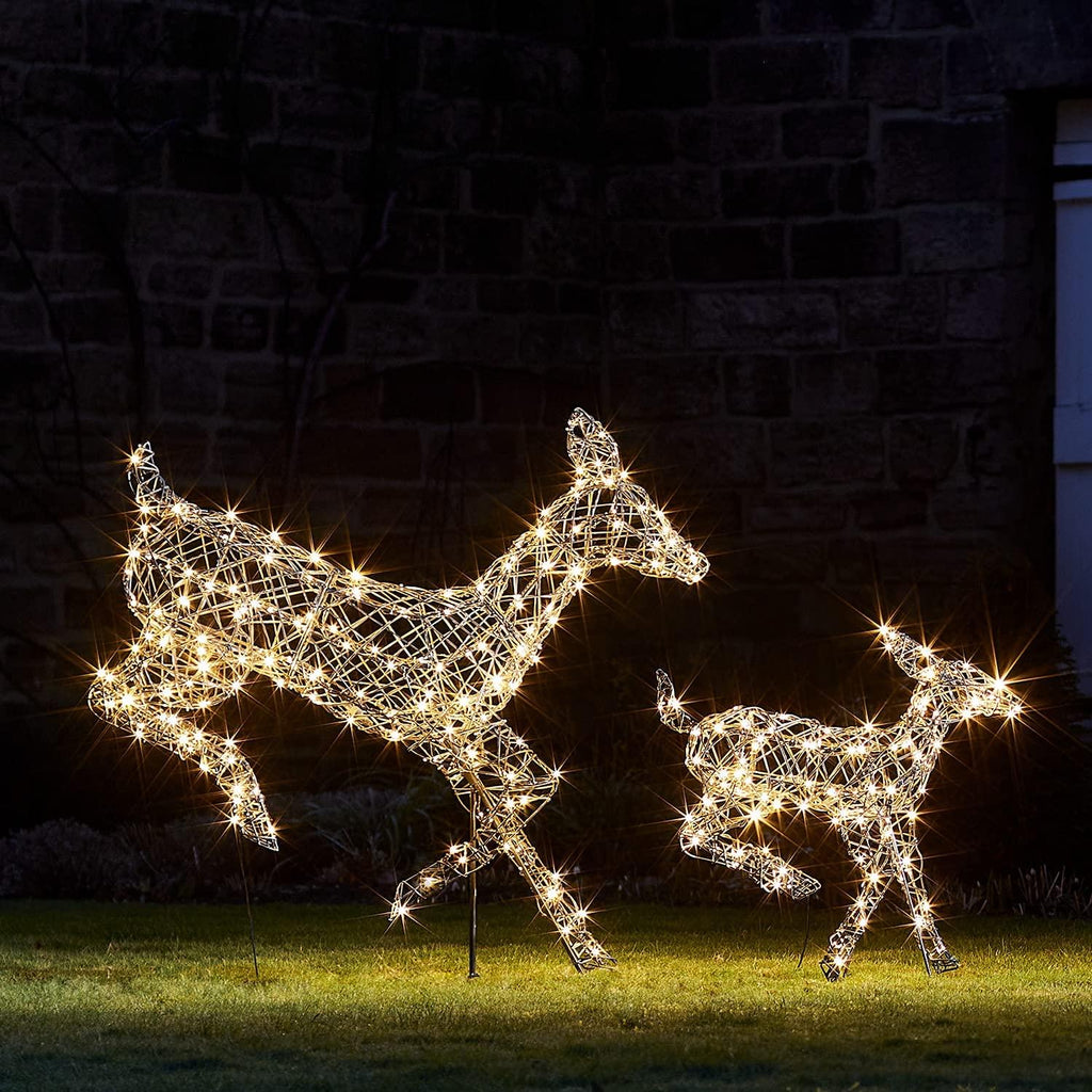 Lights4fun, Inc. Set of 2 Gray Rattan Doe &amp; Fawn Reindeer LED Christmas Light Up Figures Decoration for Indoor Outdoor Use