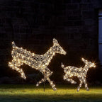 Lights4fun, Inc. Set of 2 Gray Rattan Doe &amp; Fawn Reindeer LED Christmas Light Up Figures Decoration for Indoor Outdoor Use
