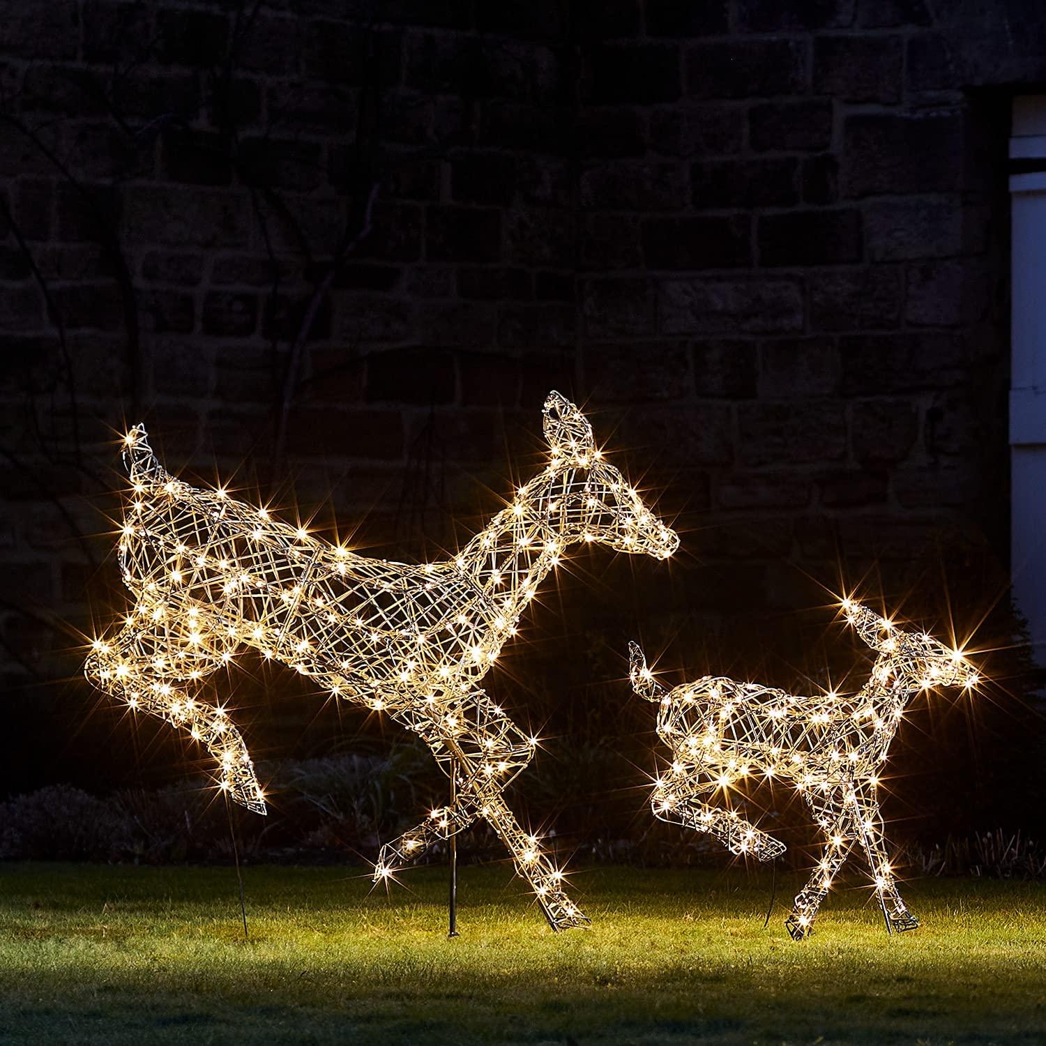 Lights4fun, Inc. Set of 2 Gray Rattan Doe &amp; Fawn Reindeer LED Christmas Light Up Figures Decoration for Indoor Outdoor Use