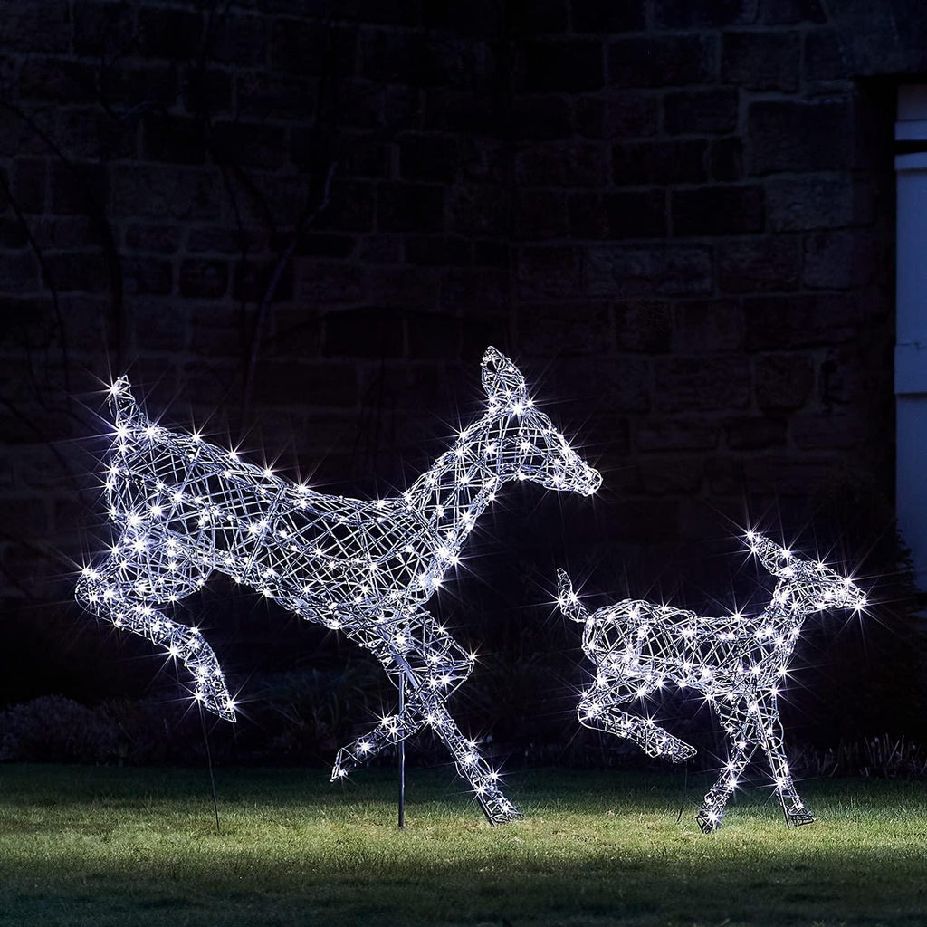Lights4fun, Inc. Set of 2 Gray Rattan Doe &amp; Fawn Reindeer LED Christmas Light Up Figures Decoration for Indoor Outdoor Use