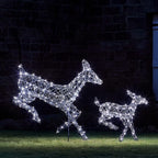 Lights4fun, Inc. Set of 2 Gray Rattan Doe &amp; Fawn Reindeer LED Christmas Light Up Figures Decoration for Indoor Outdoor Use