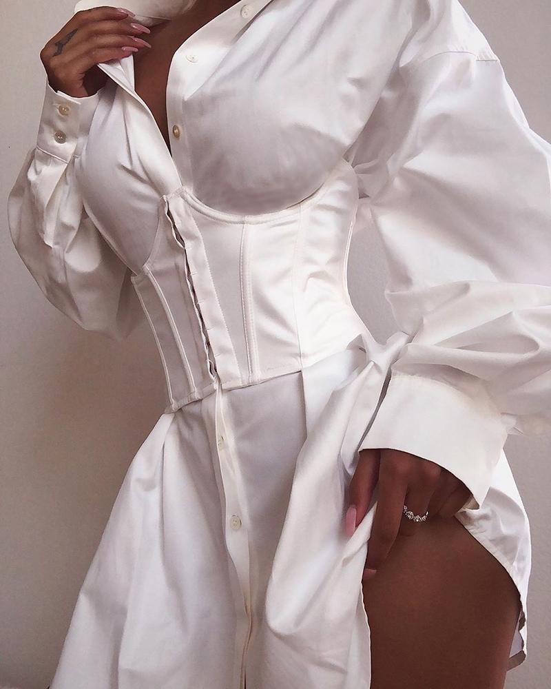 solid long sleeve tight waist buttoned shirt dress