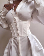 solid long sleeve tight waist buttoned shirt dress