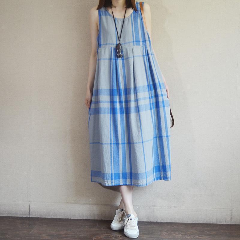 Summer Casual Plaid Loose Large Size Sleeveless Dress
