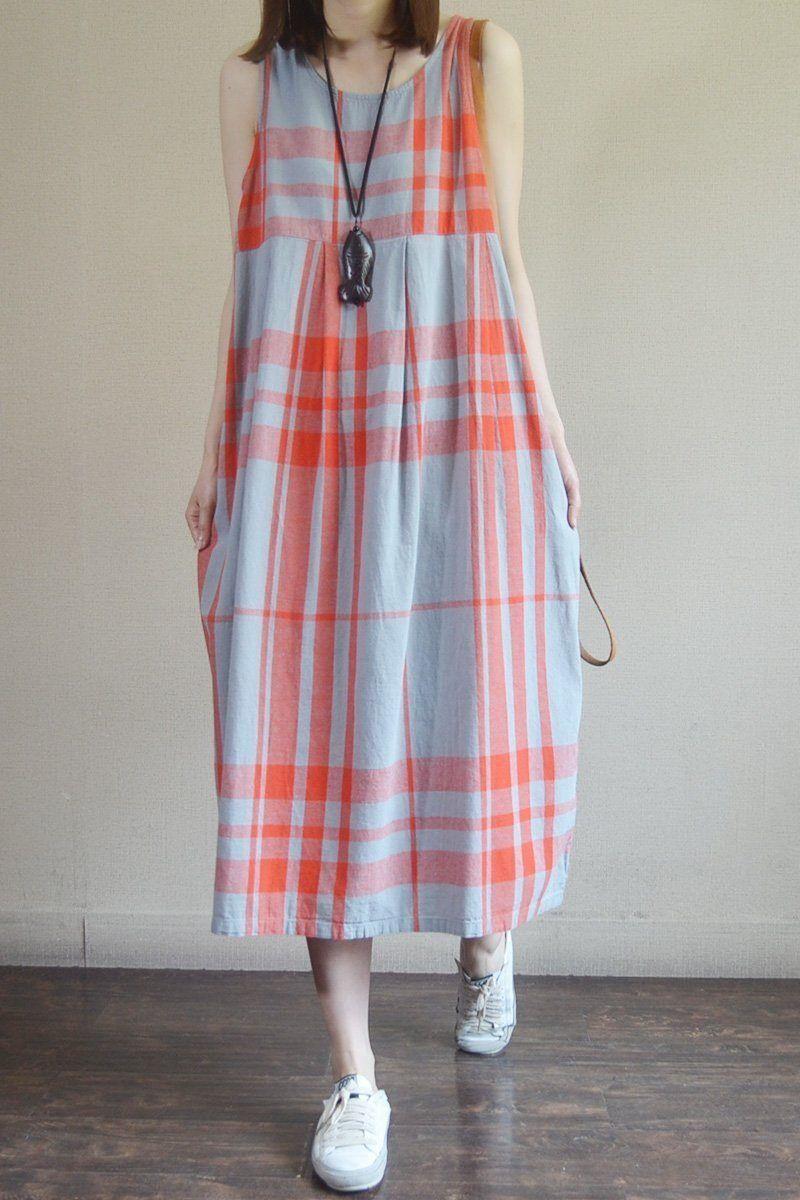 Summer Casual Plaid Loose Large Size Sleeveless Dress