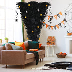 Gymax 7FT Pre-lit Upside Down Black Halloween Tree Artificial Christmas Tree