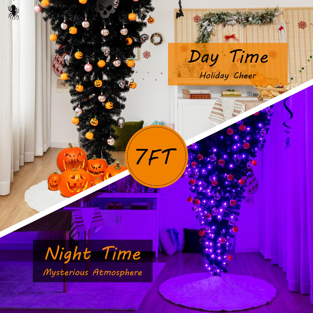 Gymax 7FT Pre-lit Upside Down Black Halloween Tree Artificial Christmas Tree