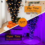 Gymax 7FT Pre-lit Upside Down Black Halloween Tree Artificial Christmas Tree