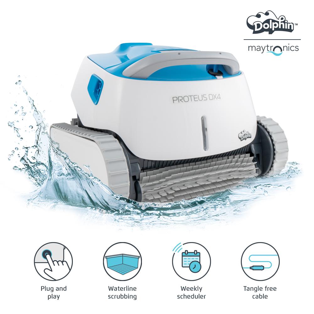 dolphin proteus dx4 robotic pool [vacuum] cleaner - ideal for in ground swimming pools up to 50 feet - powerful suction to pick up small debris - extra large easy to clean top load filter basket
