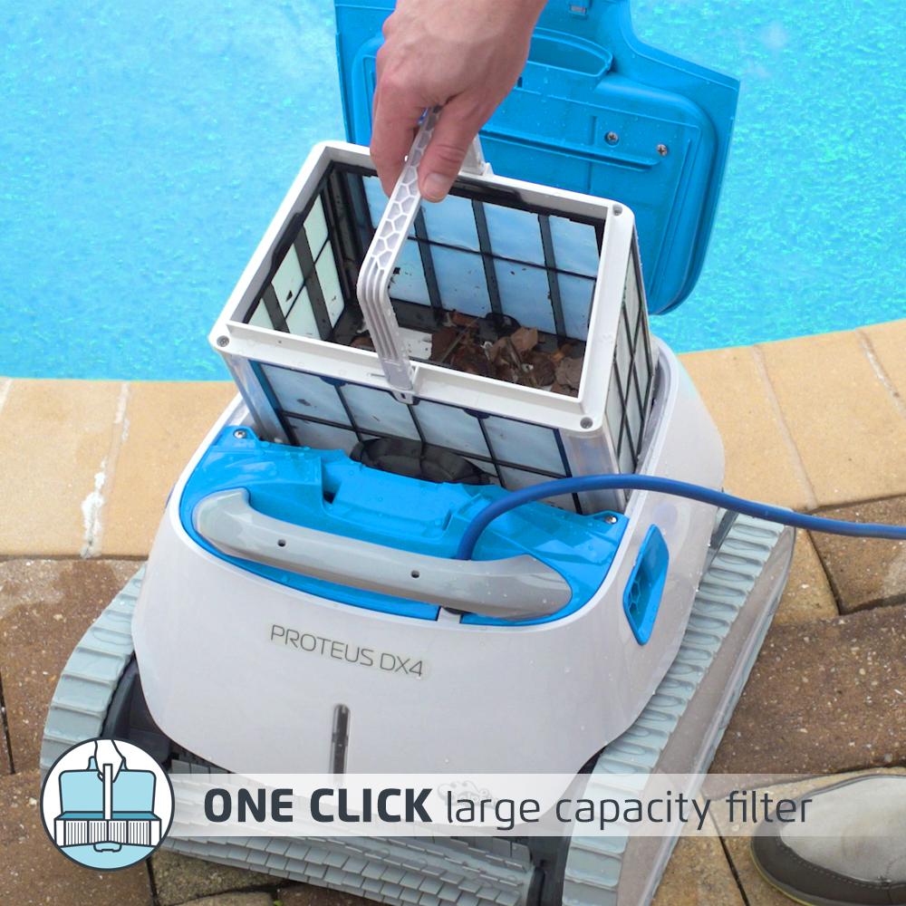 dolphin proteus dx4 robotic pool [vacuum] cleaner - ideal for in ground swimming pools up to 50 feet - powerful suction to pick up small debris - extra large easy to clean top load filter basket