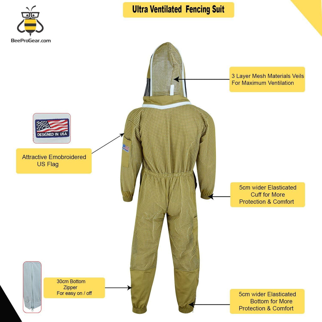 beeprogear ultra ventilated suit fencing veil brown | bee keeping suit with round veil hat| unisex polycotton beekeeper suit | 3 layer protective suit (x-large)