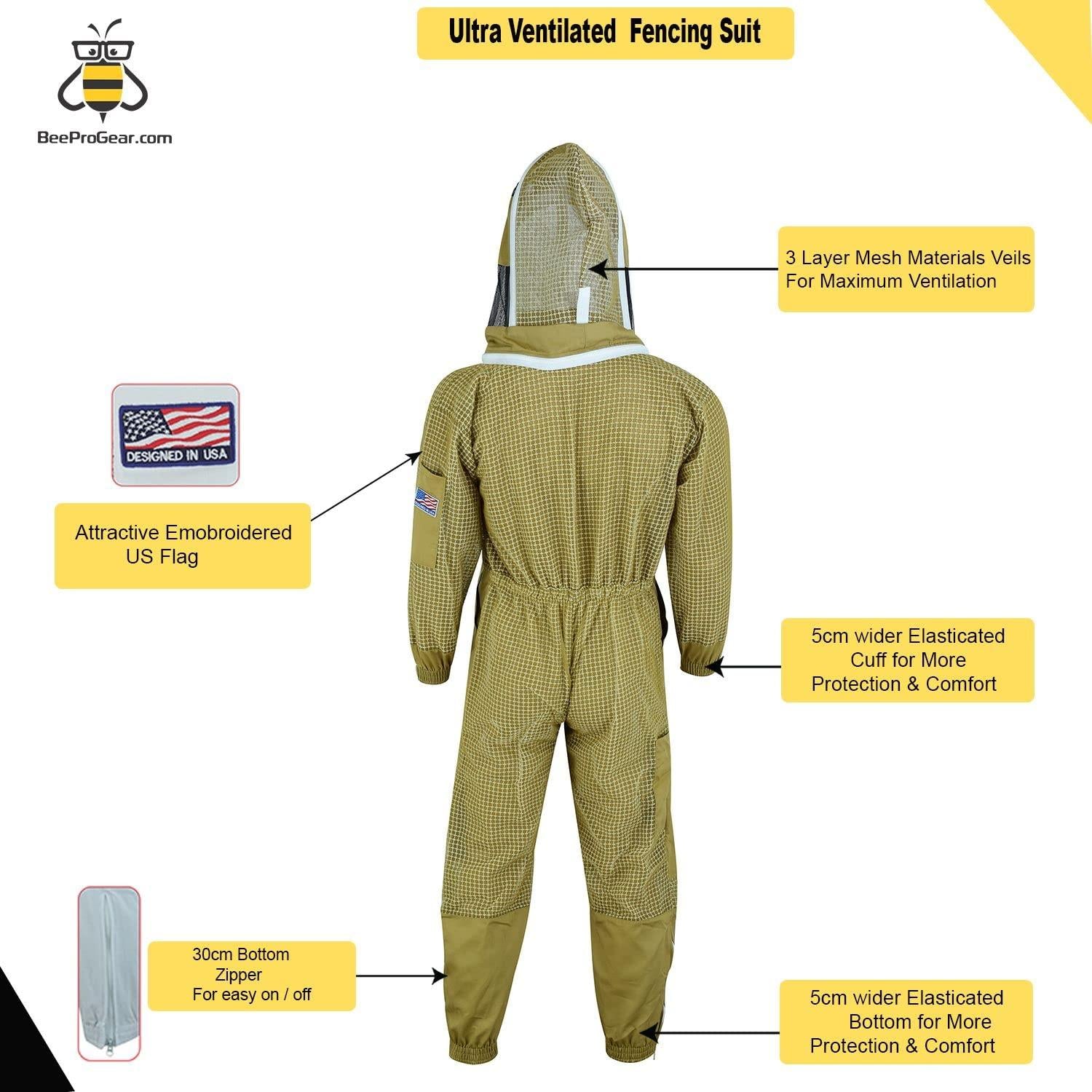 beeprogear ultra ventilated suit fencing veil brown | bee keeping suit with round veil hat| unisex polycotton beekeeper suit | 3 layer protective suit (x-large)