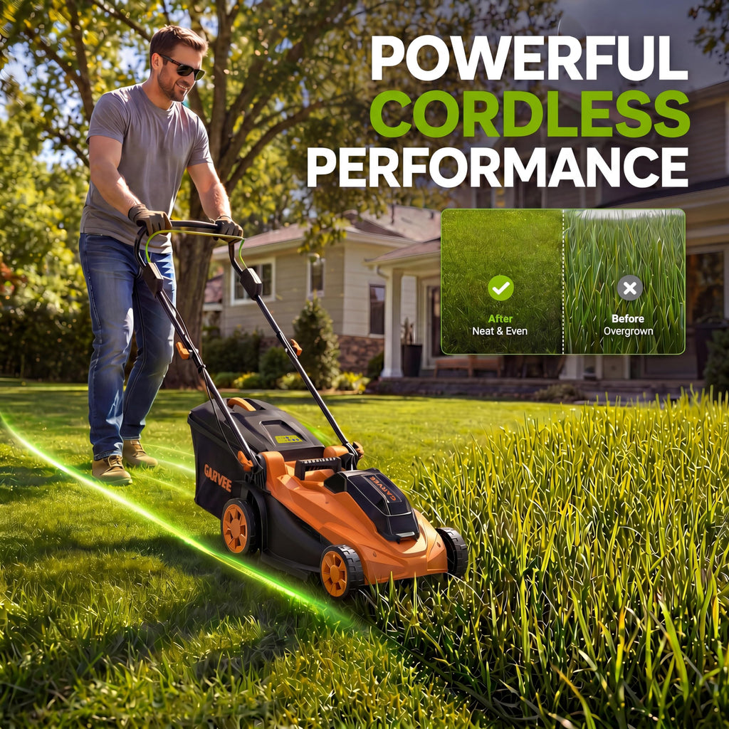 Cordless Lawn Mower, 17-Inch Battery Powered Electric Push Mower, 2-in-1 Mulching &amp; Bagging, 6 Cutting Heights, 40L Grass Bag, Lightweight Walk-Behind Mower for Small to Medium Yards, Orange