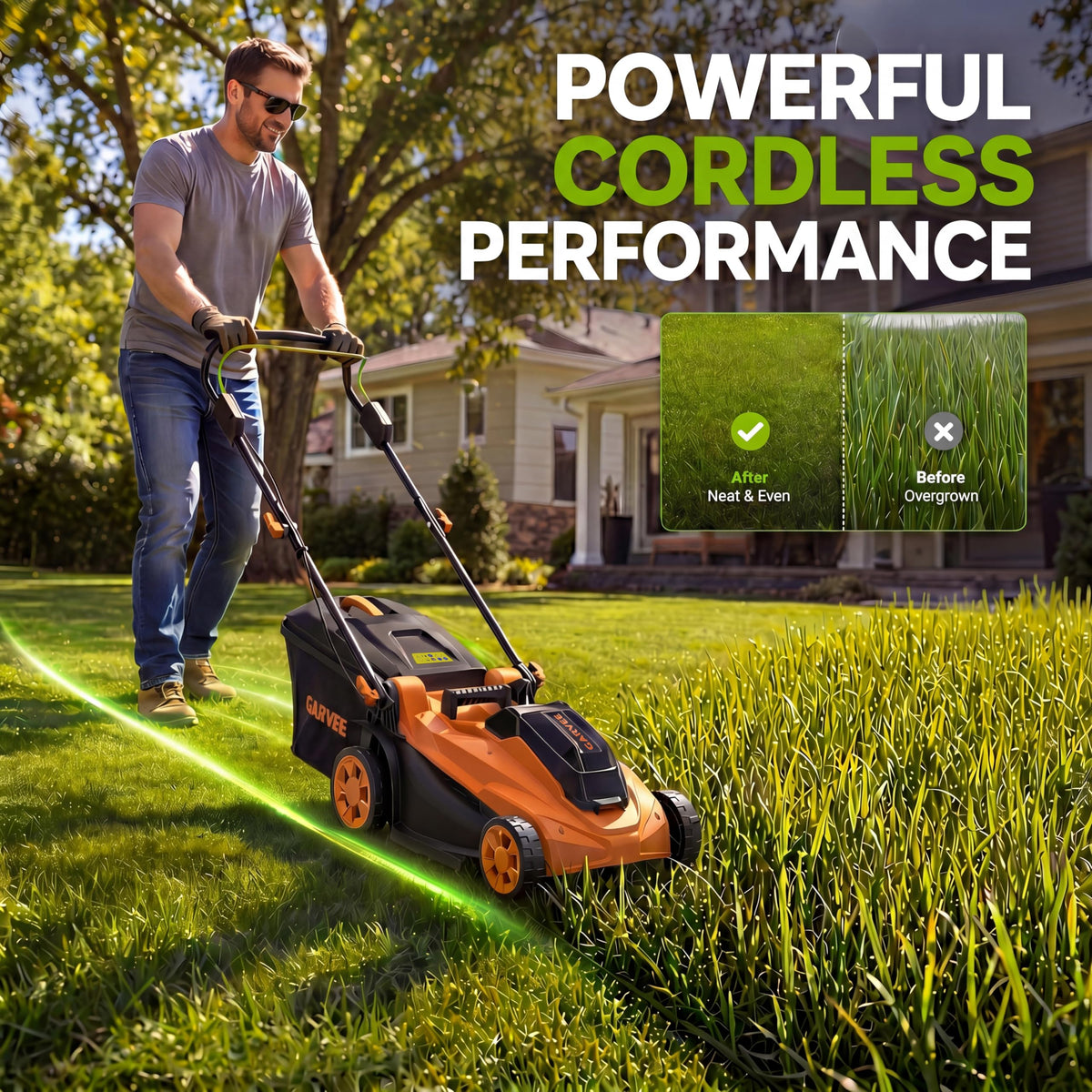 Cordless Lawn Mower, 17-Inch Battery Powered Electric Push Mower, 2-in-1 Mulching &amp; Bagging, 6 Cutting Heights, 40L Grass Bag, Lightweight Walk-Behind Mower for Small to Medium Yards, Orange