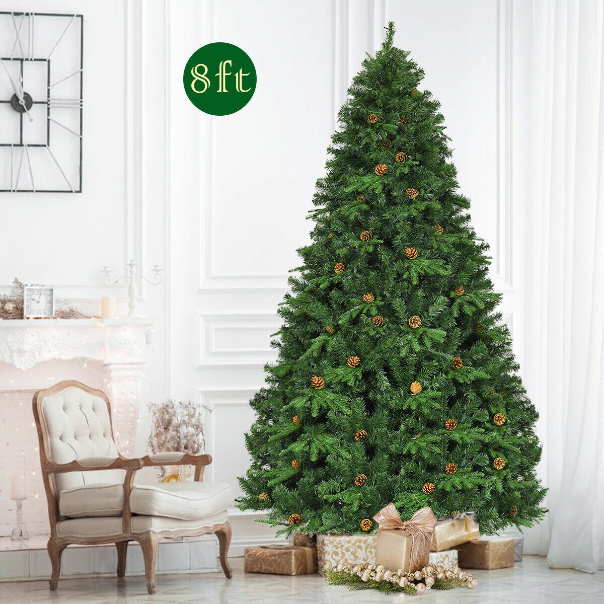 Gymax Premium White 660 LED Green Prelit Spruce Hinged Artificial Christmas Tree, with Pine Cones 8'