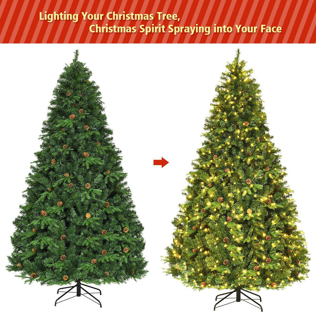 Gymax Premium White 660 LED Green Prelit Spruce Hinged Artificial Christmas Tree, with Pine Cones 8'