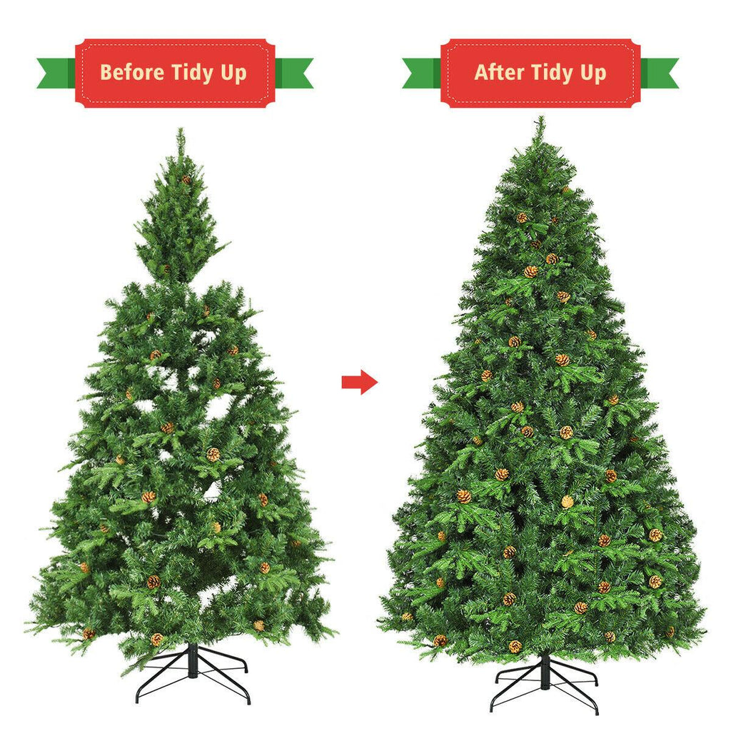 Gymax Premium White 660 LED Green Prelit Spruce Hinged Artificial Christmas Tree, with Pine Cones 8'