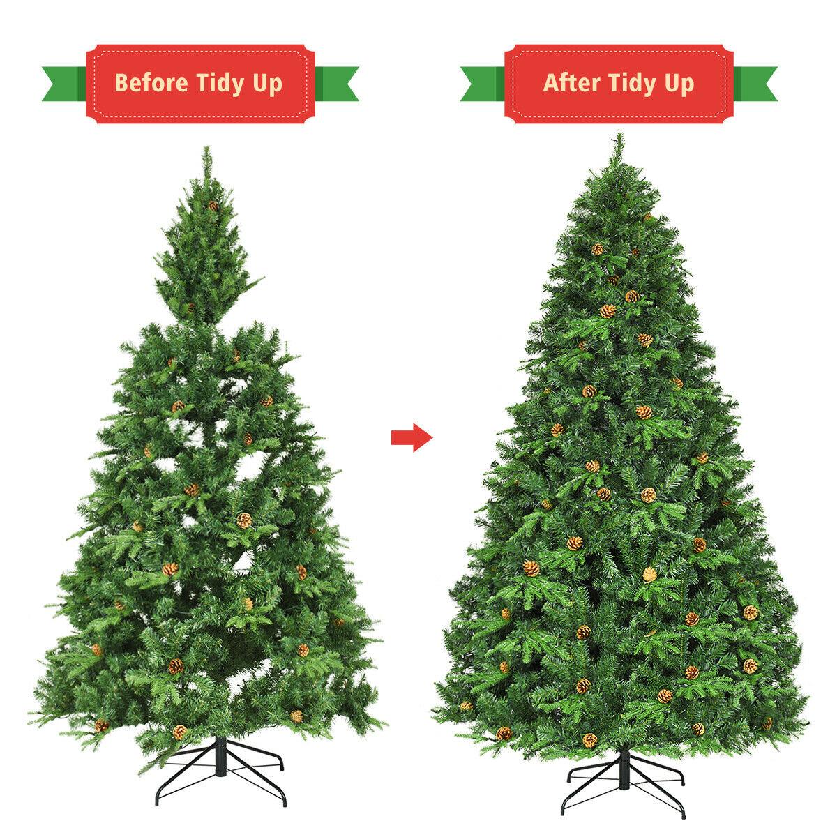 Gymax Premium White 660 LED Green Prelit Spruce Hinged Artificial Christmas Tree, with Pine Cones 8'